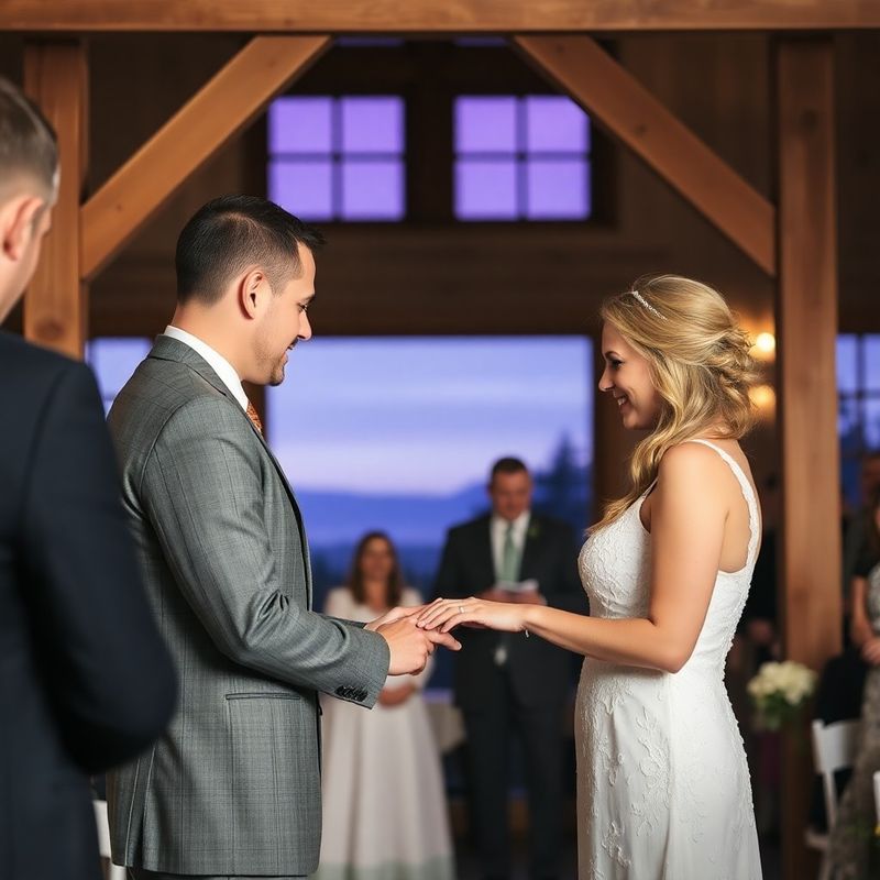 Couple exchanging rings under a timber arch on Vancouver Island