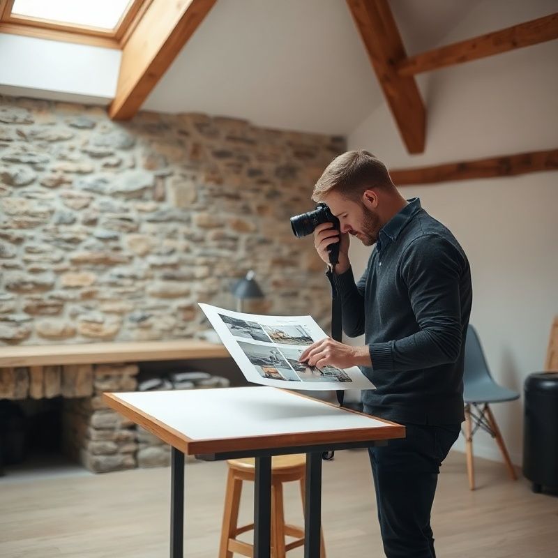 Photographer reviewing a contact sheet on a light table in a clean studio