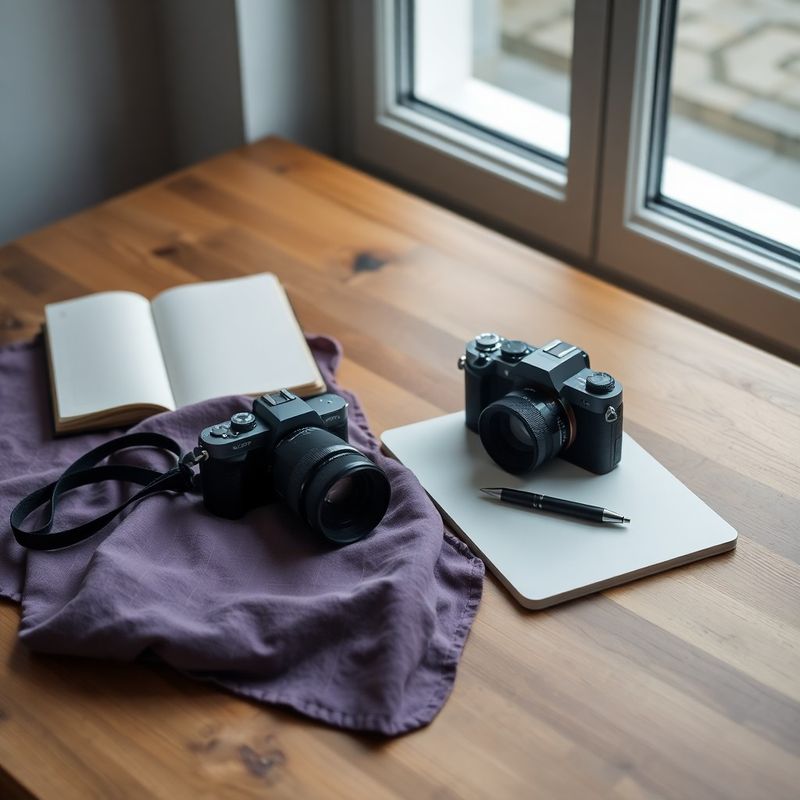 A single camera on a violet-hued linen cloth beside a notepad on a timber desk