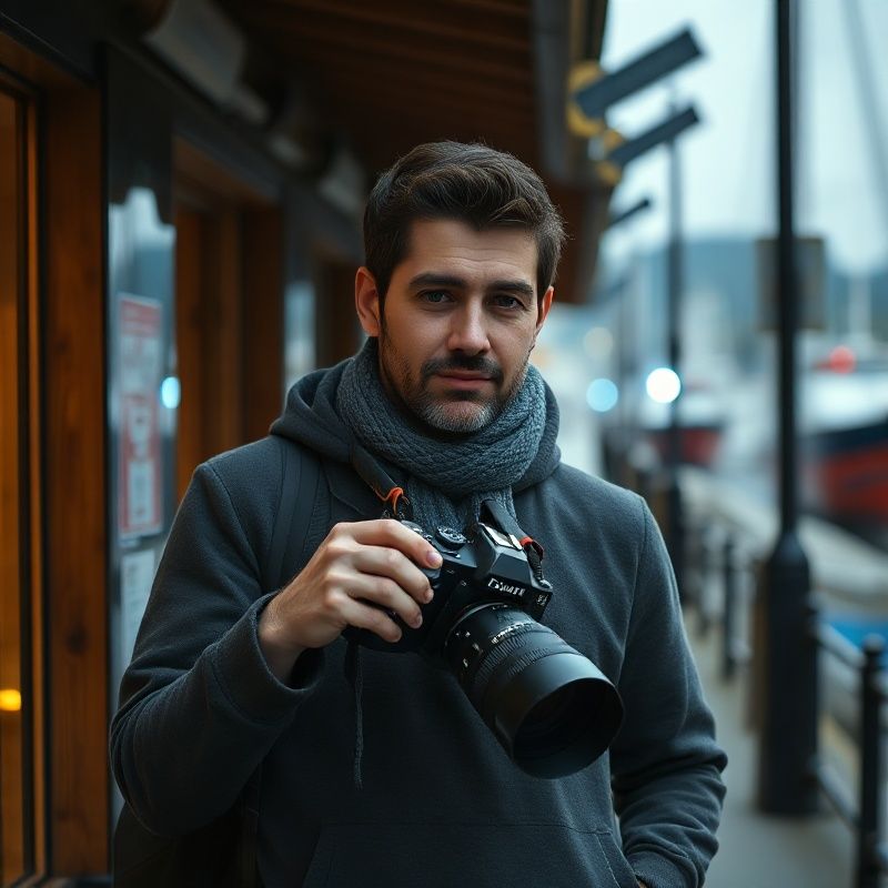 Photographer holding a medium-format camera in a Victoria harbour-side alley