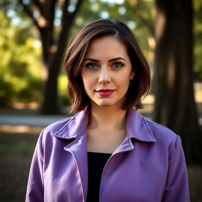 Woman in a violet linen jacket in dappled light at Beacon Hill Park