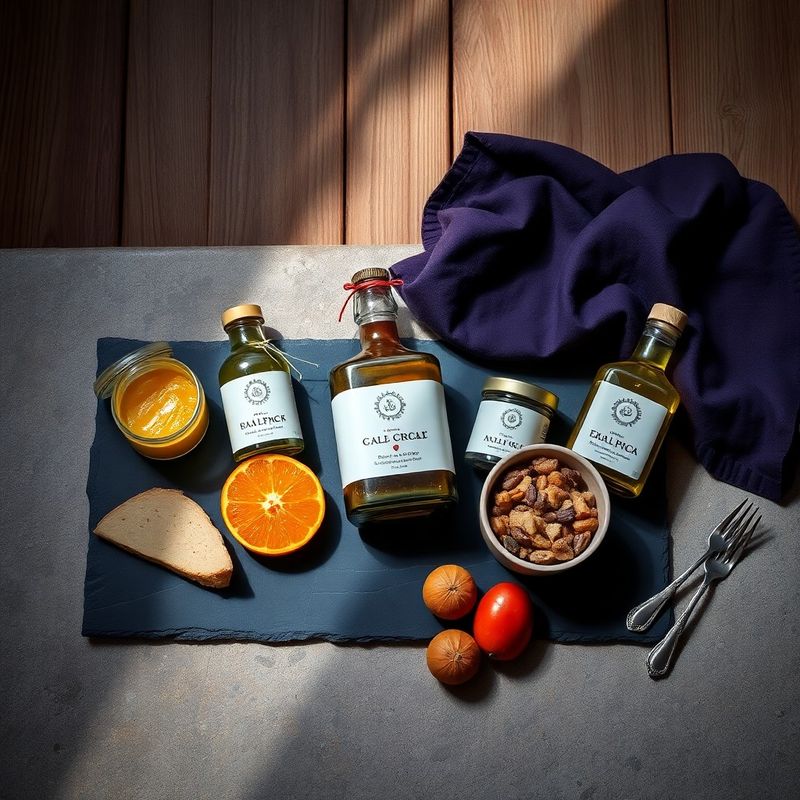 Editorial flat-lay of artisan food products on a stone slate surface