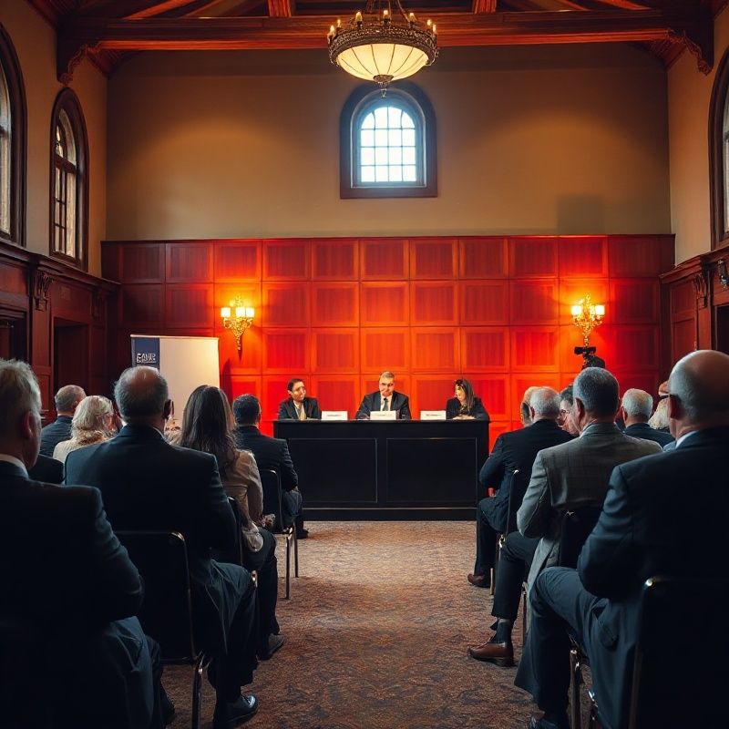 Wide shot of a corporate panel discussion in a Victoria heritage venue