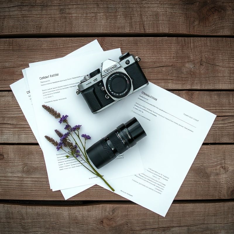 Overhead flat-lay of a camera, contact sheets, and small violet wildflowers on weathered timber