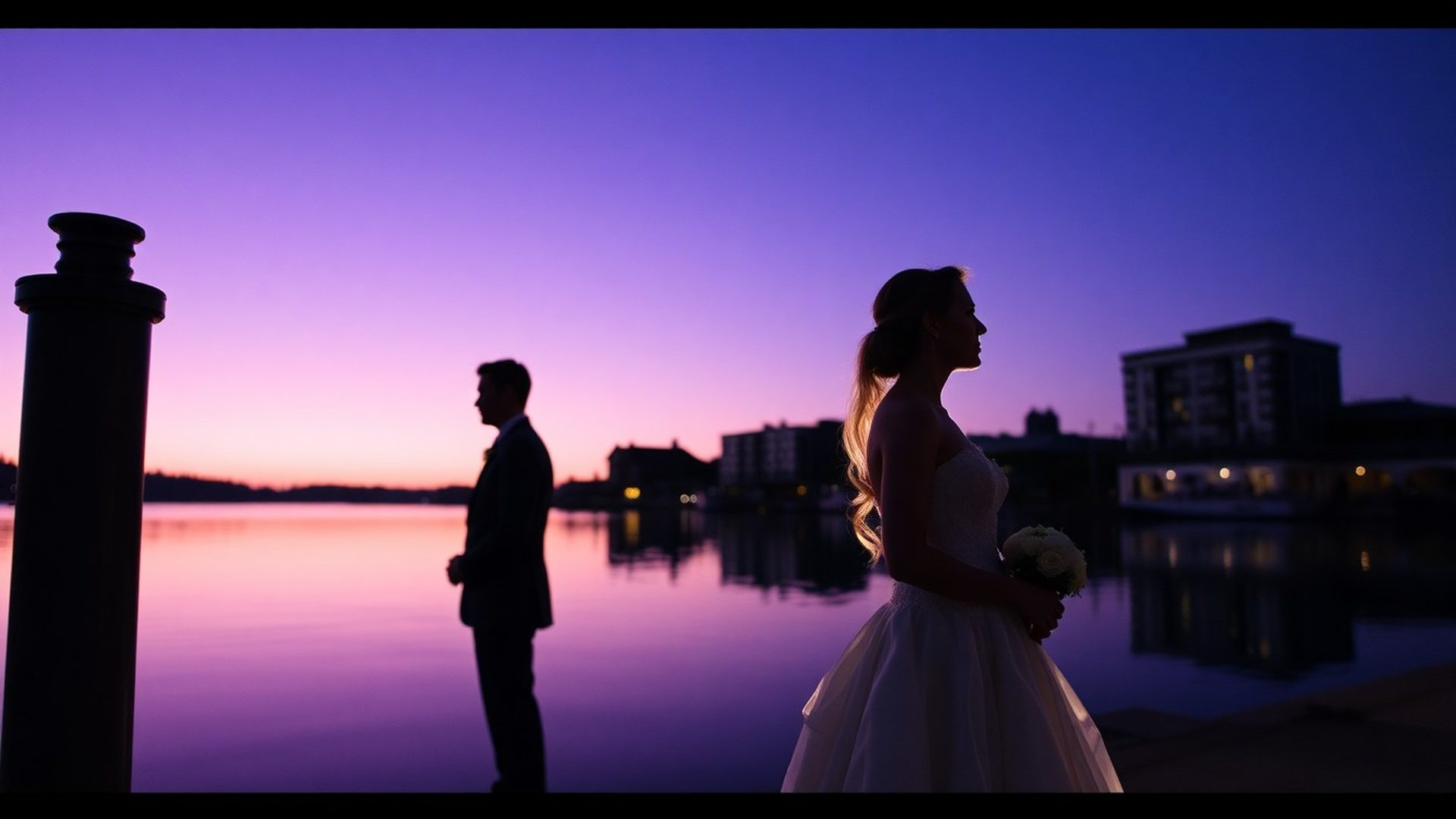 Bride and groom in soft violet dusk light on the Victoria waterfront